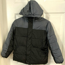 Wonder Nation Kids Hooded Colorblock Puffer Jacket Full Zip Black/Gray M