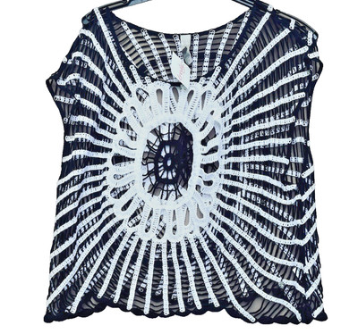 TREDY Gr. 4 XXL 44 46 48 Häkel Netz Tunika Bluse Shirt Pullover Schwarz Weiss NE