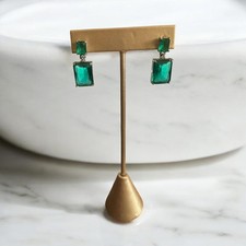 Gorgeous Faux Double Emerald Drop Pierced Earrings Emerald Cut 925 Silver