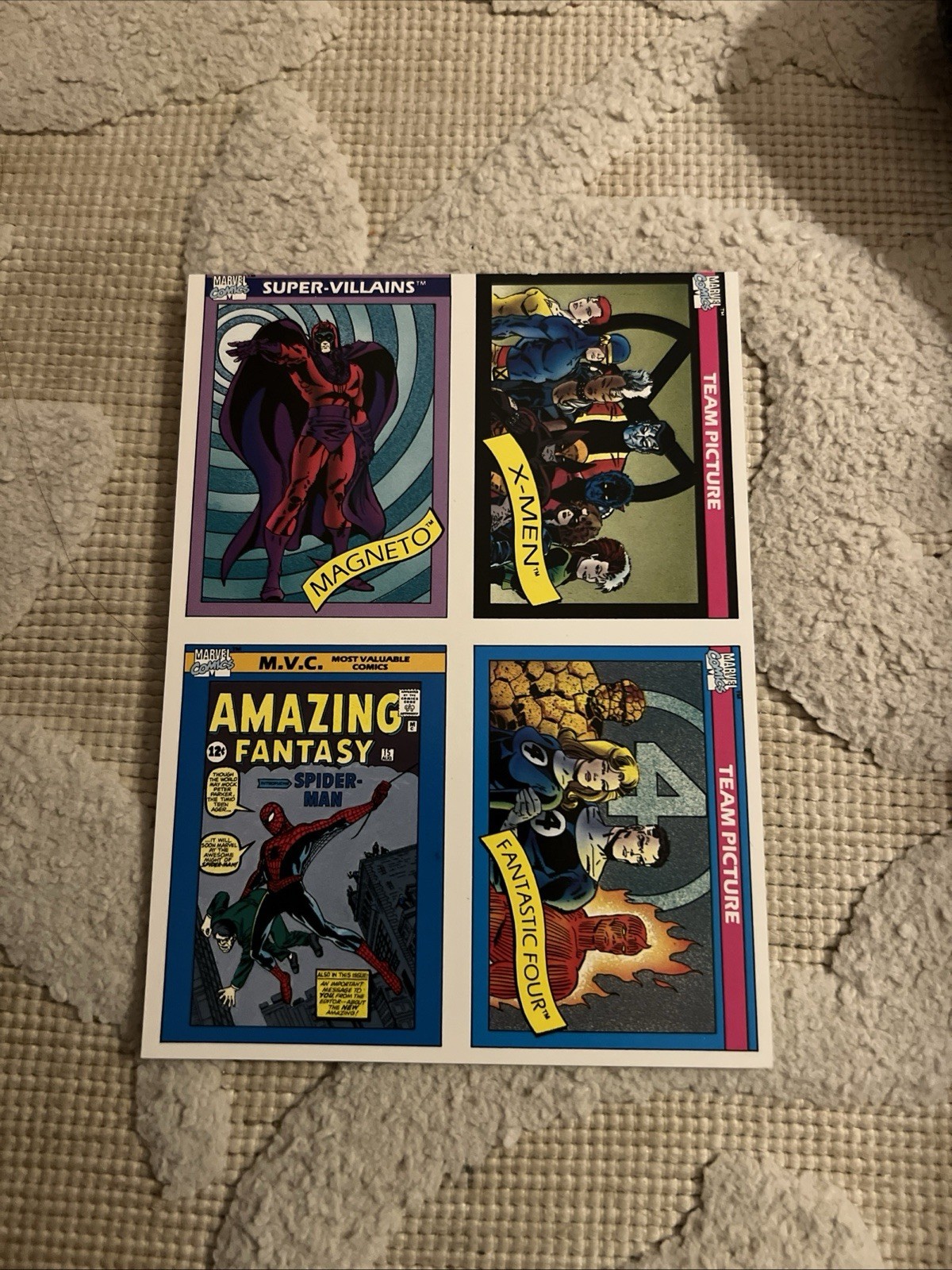 Marvel Universe 1990 4 tarjetas hoja trasera de diamante sin cortar X-Men Magneto Spider-Man