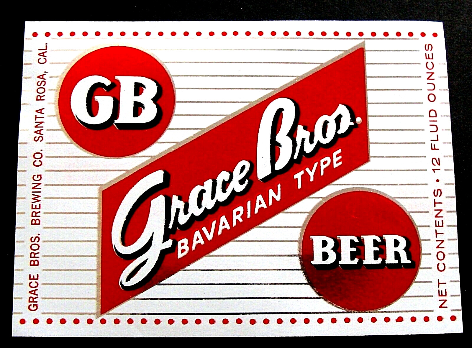 Grace Bros GB -GRACE BROS BAVARIAN TYPE BEER foil beer label CA 12oz