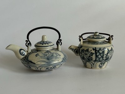 Vintage Blue & White Crackle Glaze Ceramic Teapot Pair   Southeast Asia