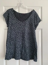 Fresh Produce Top Womens L Blue Floral Slub Short Sleeve Tunic Lagenlook Beach