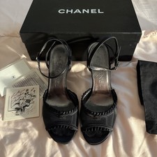 Chanel CC Logo Ruffle Slingback Heels Black Pump FULL SET Box Dust Bag size 6.5