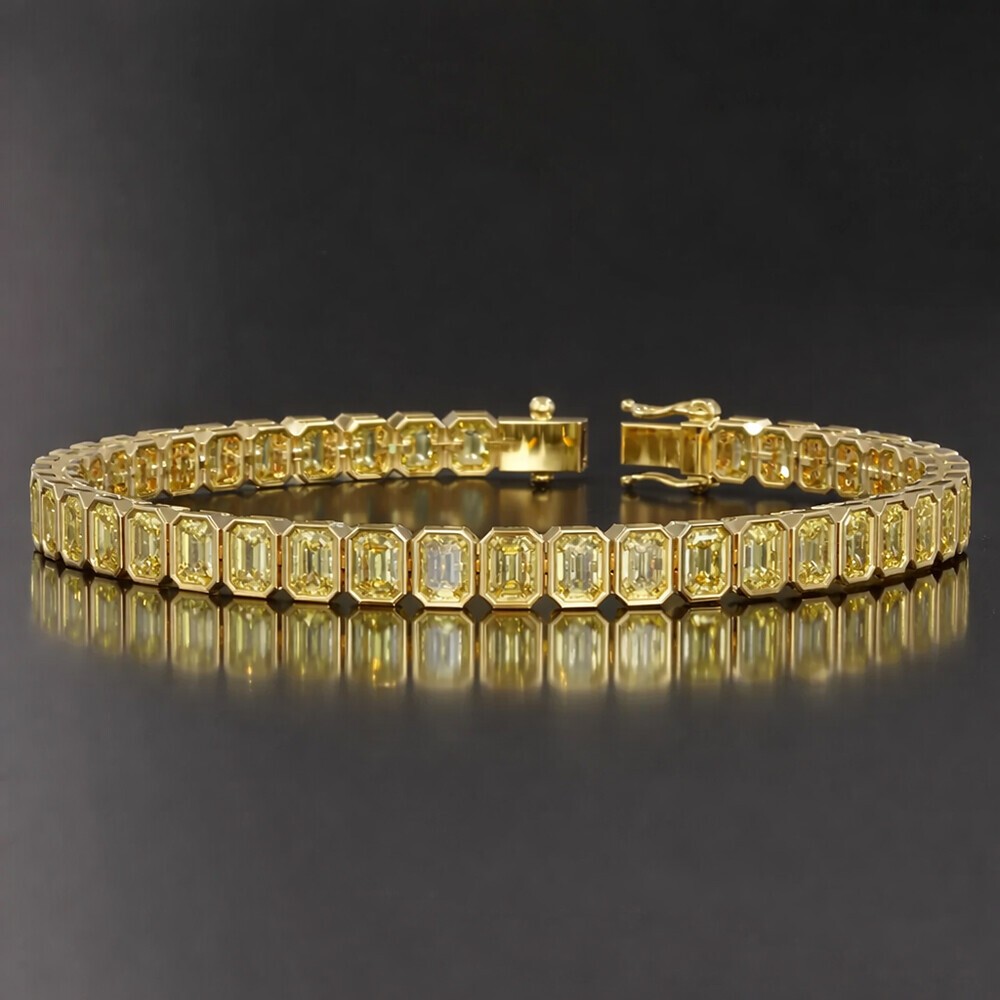 Lab Grown Vivid Yellow Diamond Bezel Tennis Bracelet Emerald Cut 14k Gold Women