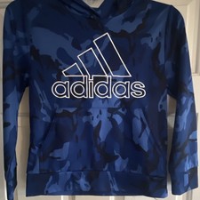 adidas Blue Camouflage Pullover Hoodie Unisex Kids Long Sleeve Logo Crew Neck