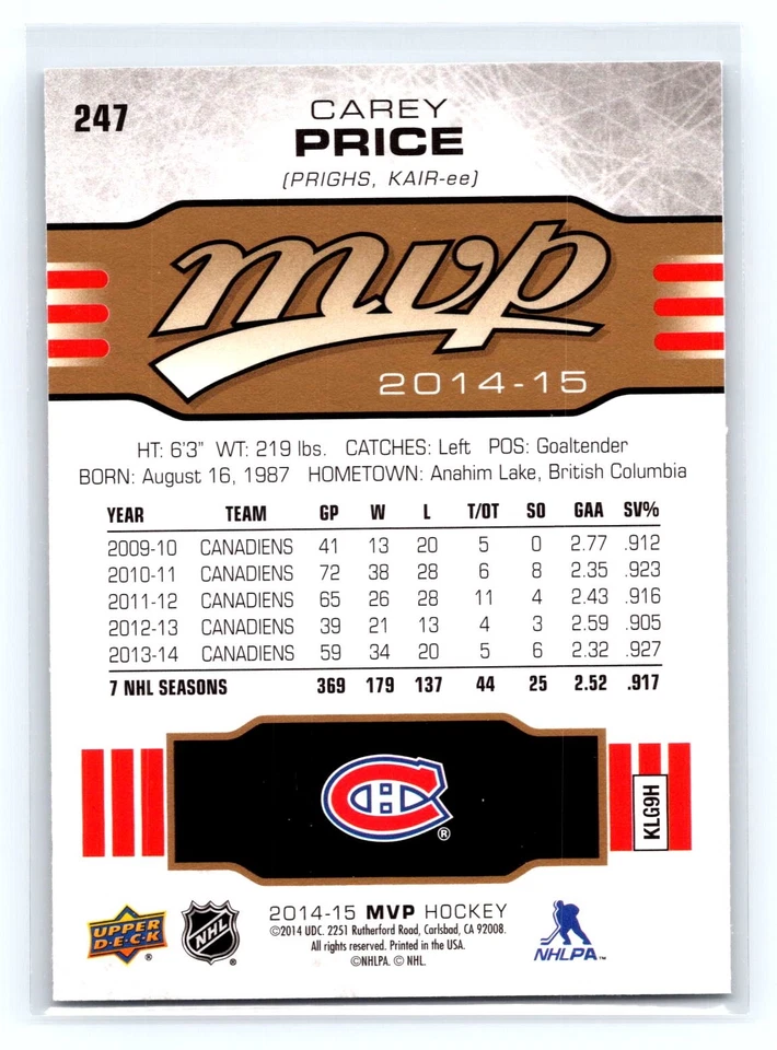 2014-15 Upper Deck MVP #247 Carey Price Montreal Canadiens - Image 2 of 2