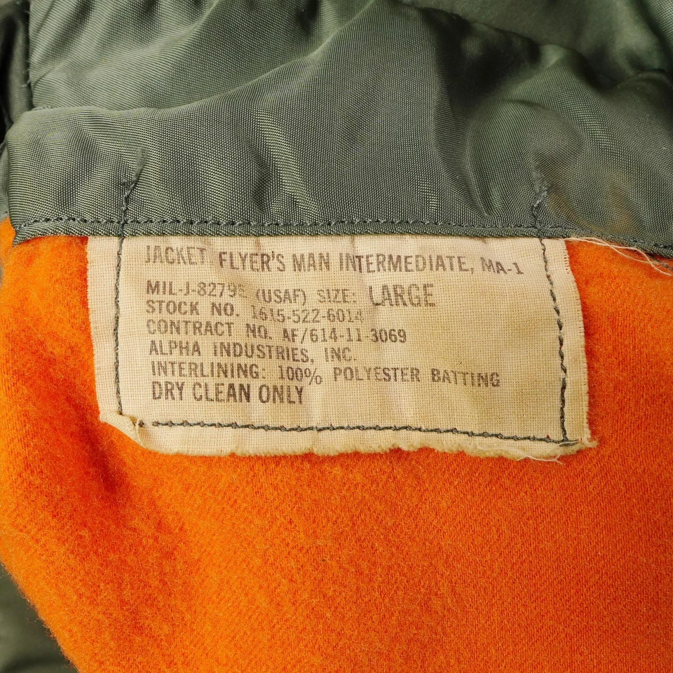 Vintage Alpha Industries Jacket Mens Large Green MA-1 Orange 70s 80s Flight USAF - Image 3 of 4