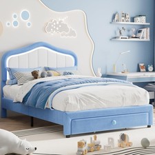 Full/Twin Upholstered Bed Frame W/ Storage Drawer LED Headboard for Kids/Girls