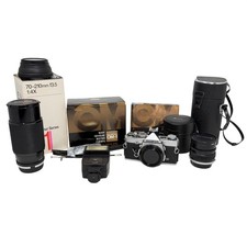 Olympus OM-1 MD 35mm Film Camera - 2 Lenses, Flash, Original Box - Tested
