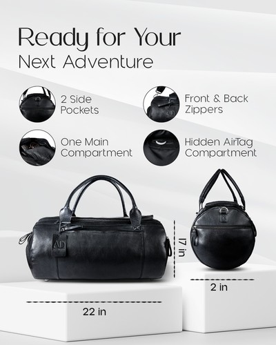 Mens Leather Travel Duffel Bag W/ Shoe Compartment Secret Air Tag Holder Gym Bag - Picture 3 of 6