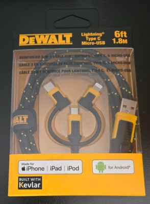 DEWALT 3-In-1 Combo Cable Type C Micro-USB Reinforced 6ft/1.8m #DAMA1311356