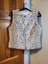White House Black Market Women's Faux Fur Animal Print Full Zip Vest Made In USA