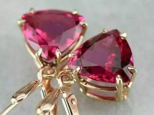 3Ct Lab Created Pink Tourmaline Drop/Dangle Earrings 14K Yellow Gold Plated - Picture 2 of 7
