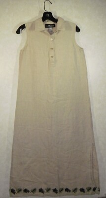 Sag Harbor Petite Midi Dress Women 6 Beige Linen Blend Button Embroidered