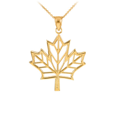 14k Yellow Gold Maple Leaf Pendant - High Polish Open Design Necklace Charm