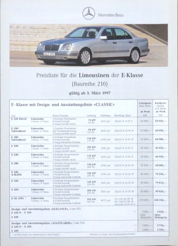 Mercedes E-Klasse Limousine W210 Preisliste price list von 3/1997 (RB)
