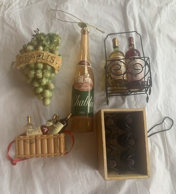 Wine Theme Christmas Ornaments Chablis Merlot Chardonnay Bottles Lot Of 5