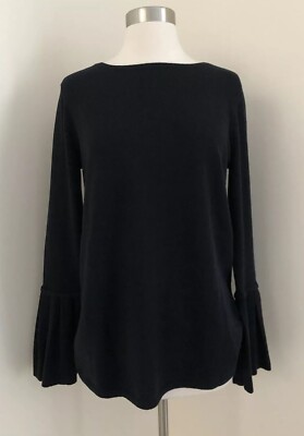 New Neiman Marcus Cashmere Collection Ruffle Sleeve Pullover Sweater Black Large