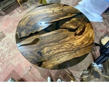 Round Table with Epoxy Resin, Live Edge Round Table, Black Epoxy End Table,