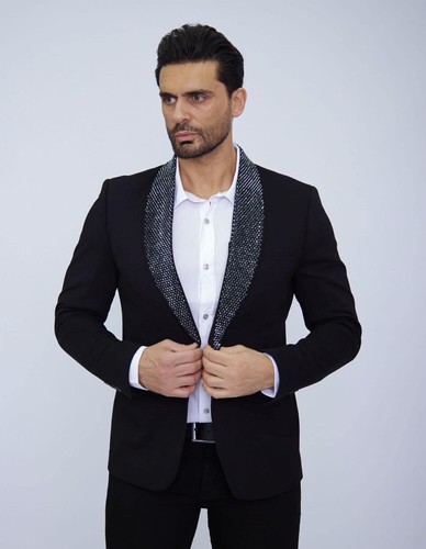 Giacca di design smoking giacca strass pietre nero blazer intagliata slim fit 54 - Foto 6 di 9