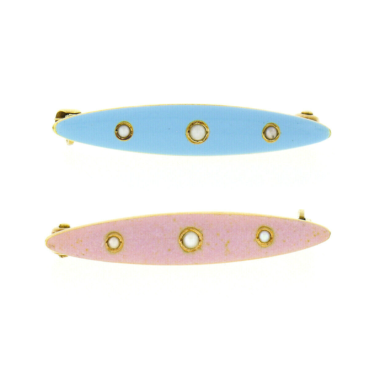 (2) Antique Krementz 14k Gold Seed Pearl Blue & Pink Enamel Collectible Bar  Pins