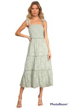 Lulus Float To Love Mint Jacquard Smocked Tie Strap Tiered Crochet Maxi NWT Med