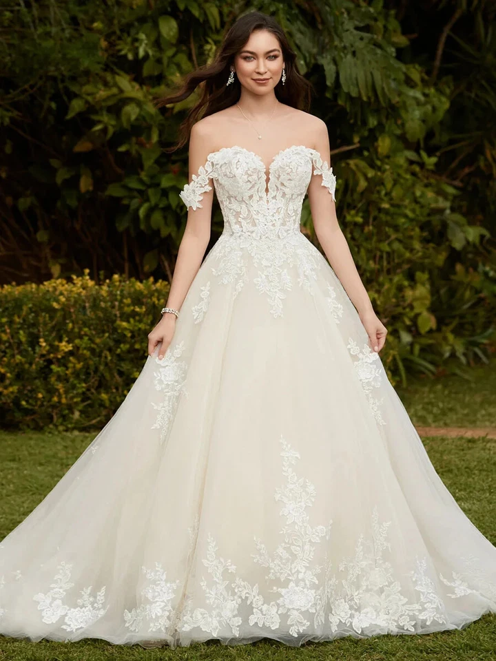 Elegante Vestido de Novia Línea A Cuello Corazón Espalda Sin Encaje Apliques Vestidos de Novia Foto 2 de 4