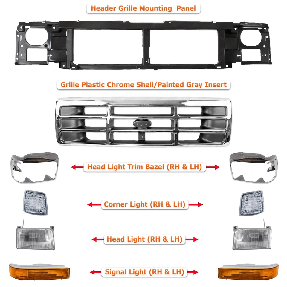 Front Grille + Header Panel + Head Lights Kit For 1992-97 Ford F-Series / Bronco Foto 2 de 4