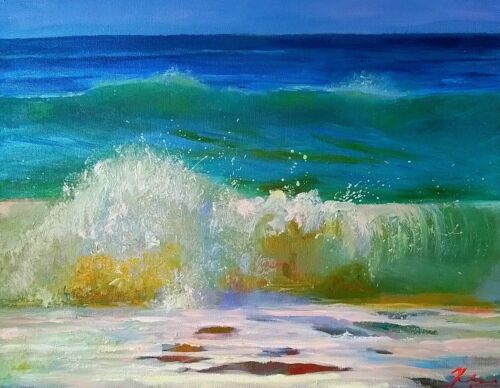 Peinture à l'huile originale contemporaine océan mer plage huile sur toile 13 x 17 pouces - Photo 1 sur 10