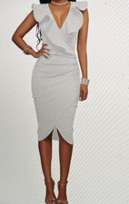Ladies V Neck Ruffle Plain Bodycon Sleeveless Midi Wrap Party Dress Size S 