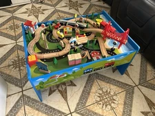 Hey! Play! Wooden Train Set Table for Kids Deluxe - Painted Wooden Set