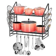 Hanging Pot Rack Wall Mounted: Heavy Duty Steel Pot and Pan Organizer for Kit...