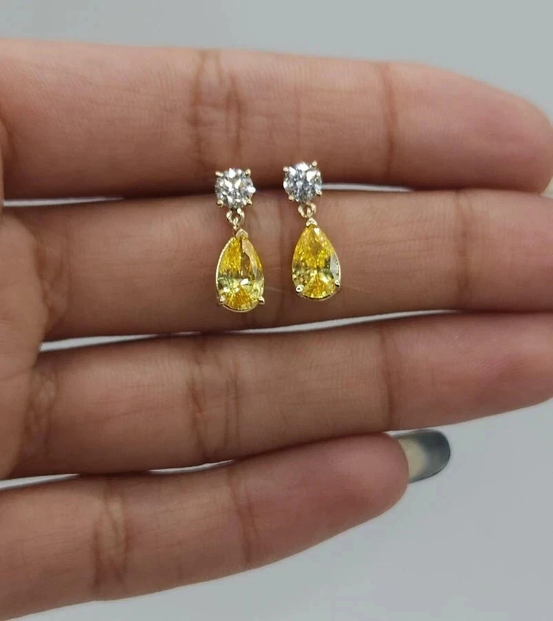 1.20Ct Pear Cut Lab Created Citrine Drop & Dangle Earrings 14k White Gold Plated - Image 2 of 4