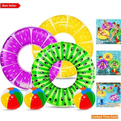Tropical Fruit & Beach Ball 6 Pack Inflatable Pool Floats for Kids & Adults