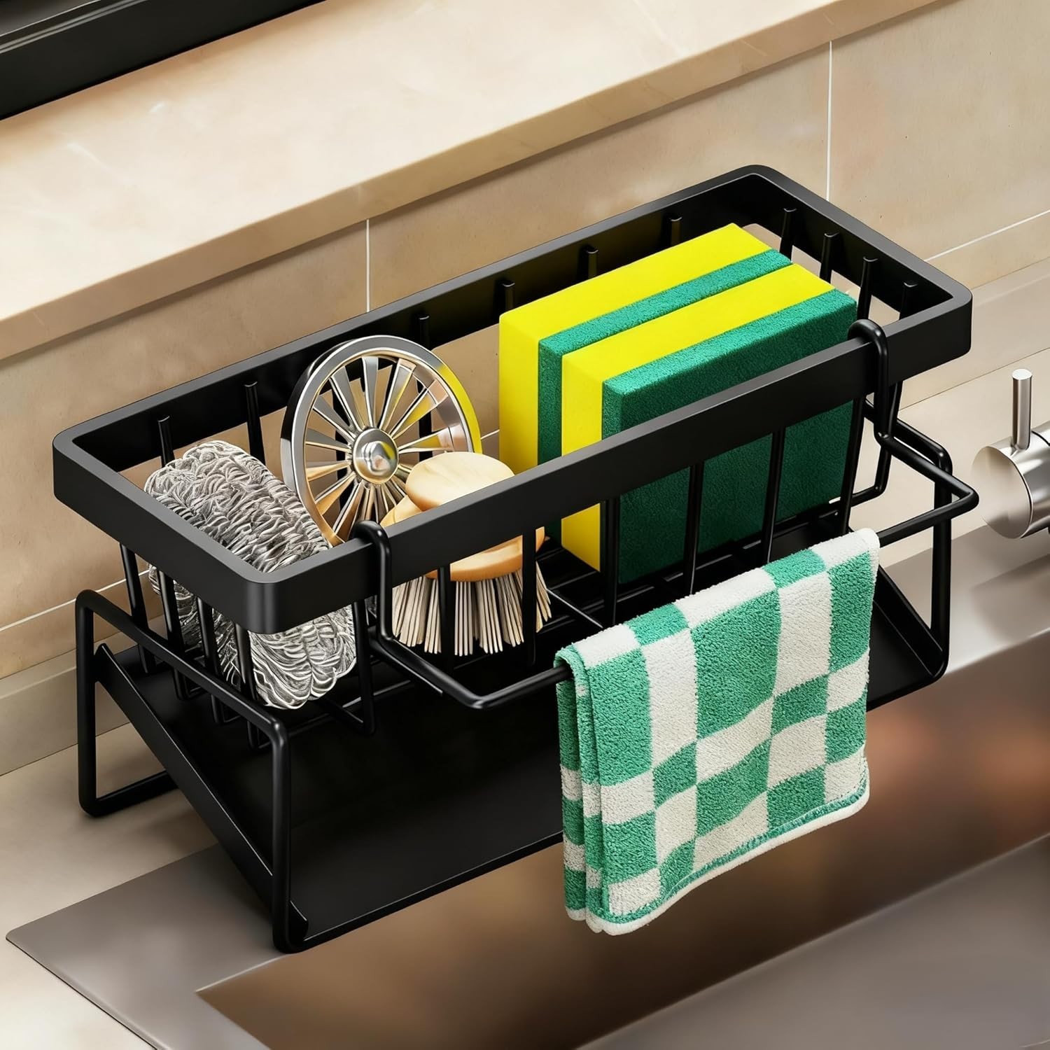 Sink Caddy Organizer, Black Stainless Steel Sponge Holder for Kitchen Sink