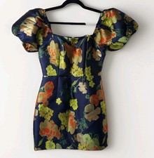 Lulus So Stunning Floral Jacquard Puff Sleeve Mini Dress Navy Blue Size Small