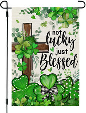 St Patricks Day Garden Flag Shamrocks Clover Cross Blessed 12X18 Inch Double Sid