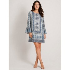 Cremieux Womens Large Blue Ivory Geometric Bell Sleeve Shift Dress Lined