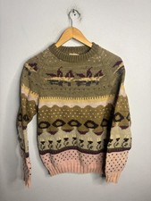Touch of Wool Sweater Womens Olive Pink Fair Isle Dogs Crewneck Knit Pattern
