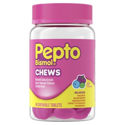 Pepto Bismol Berry Mint Chews, Upset Stomach Relief, Nausea 48 Count, Pink