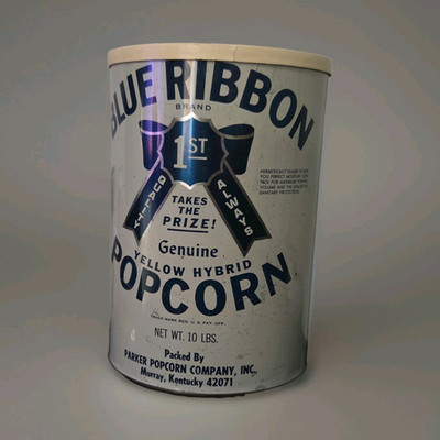 Blue Ribbon Yellow Hybrid Popcorn Advertising Tin Canister 10 lb Net Wt - EMPTY