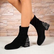 Women's Ankle Boots Rhinestones Decor Round Toe Block Heel Fashion Slip On Boots