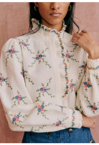 Sezane Women's Loose Long Sleeve Floral Shirt with Asymmetrical Lace Embroidery - Picture 11 of 12