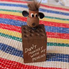 vintage Wooden Pencil Holder with Monkey Design