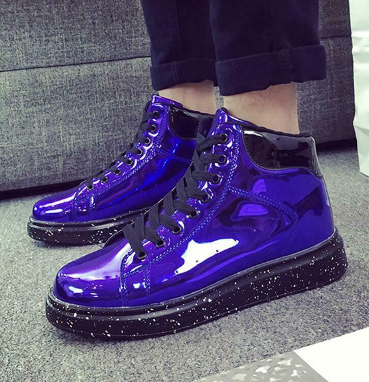 Mens Patent Leather Sneakers Lace Up High Top Chic Shiny Shoes Casual Creepers