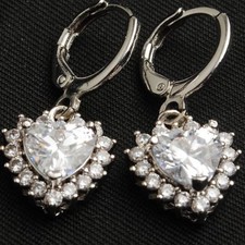 Pretty New White Gold Plated Clear White Heart CZ w/Accents Dangle Drop Earrings