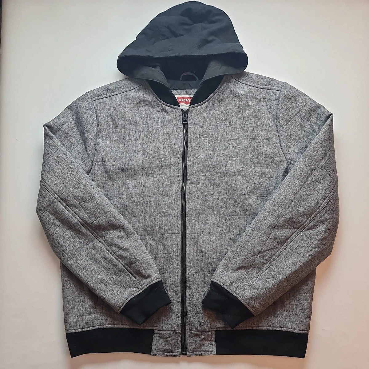 Levis Men Jacket Bomber Grey Full Zip Quilted Hooded Lined Logo