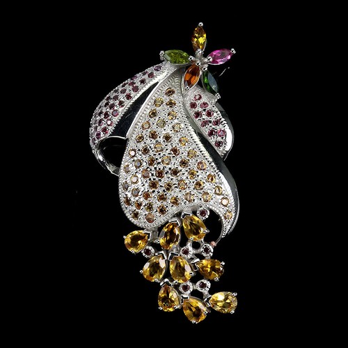 925 Sterling Silver Brooch Round Sapphire Tourmaline Natural Gemstone jewelry - Picture 2 of 13