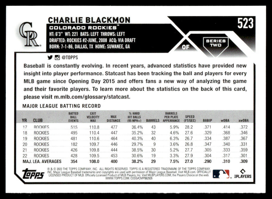 2023 Topps Series 2 - Charlie Blackmon #523 Advanced Stats Back /300 ...